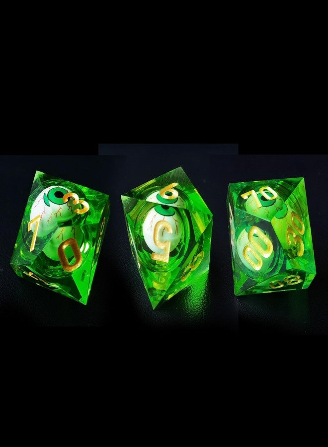 BESCON DICE Sharp Edged Liquid Core Rolling Eyeball Polyhedral Dice Set - Razor Edge Polyhedral Dice with Rolling Eyeball Inside (7pcs RPG Dice Set with Green Eye) - Image 3